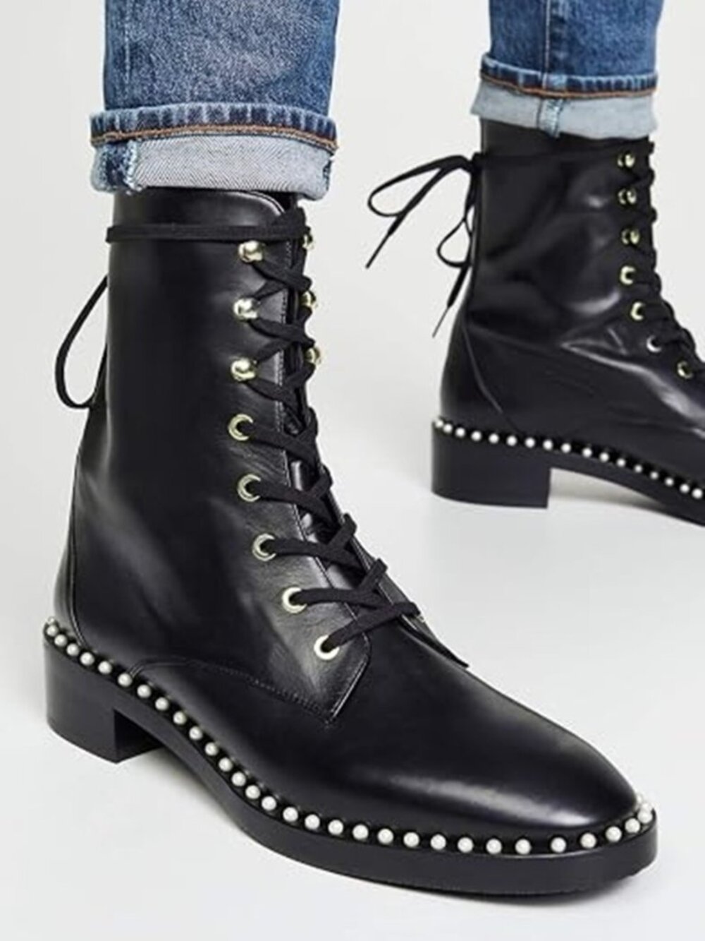 $750 STUART WEITZMAN Sondra Pearl Combat LACE ANKLE Boot LEATHER BLACK 7 B(PD26)